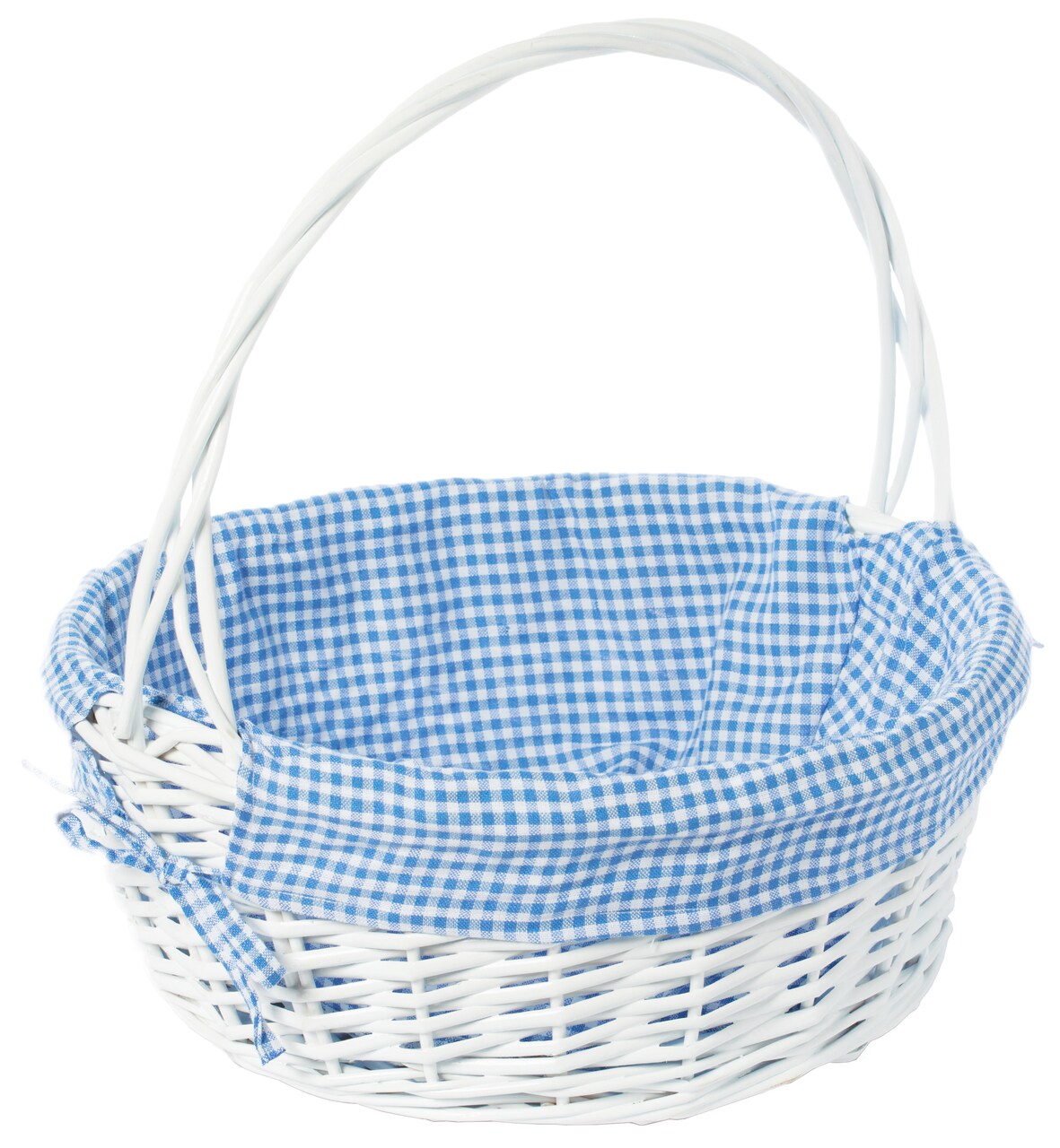 White Round Willow Gift Basket, with Gingham Liner and Handle